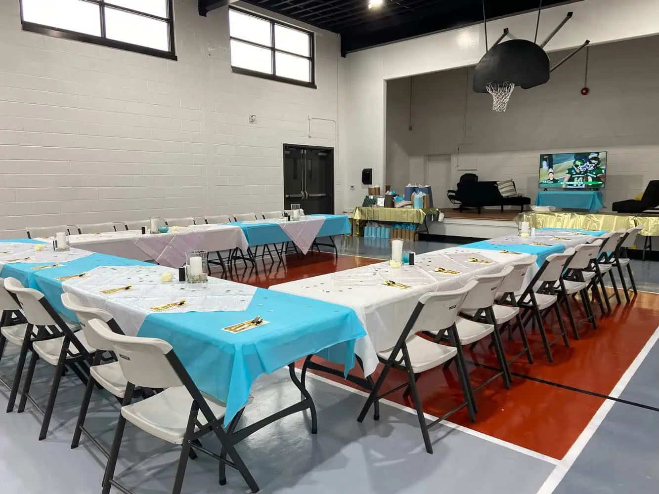 The Hub at East Platte tables and chairs set up in gym for private event