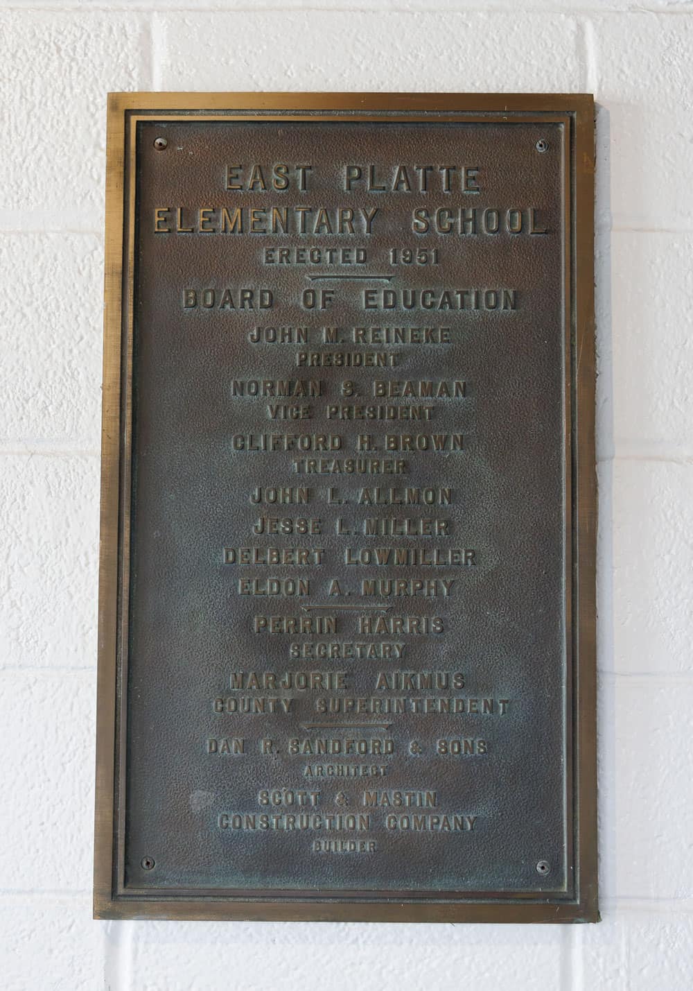 The Hub School Sign from 1951 along with list of the Board of Education.